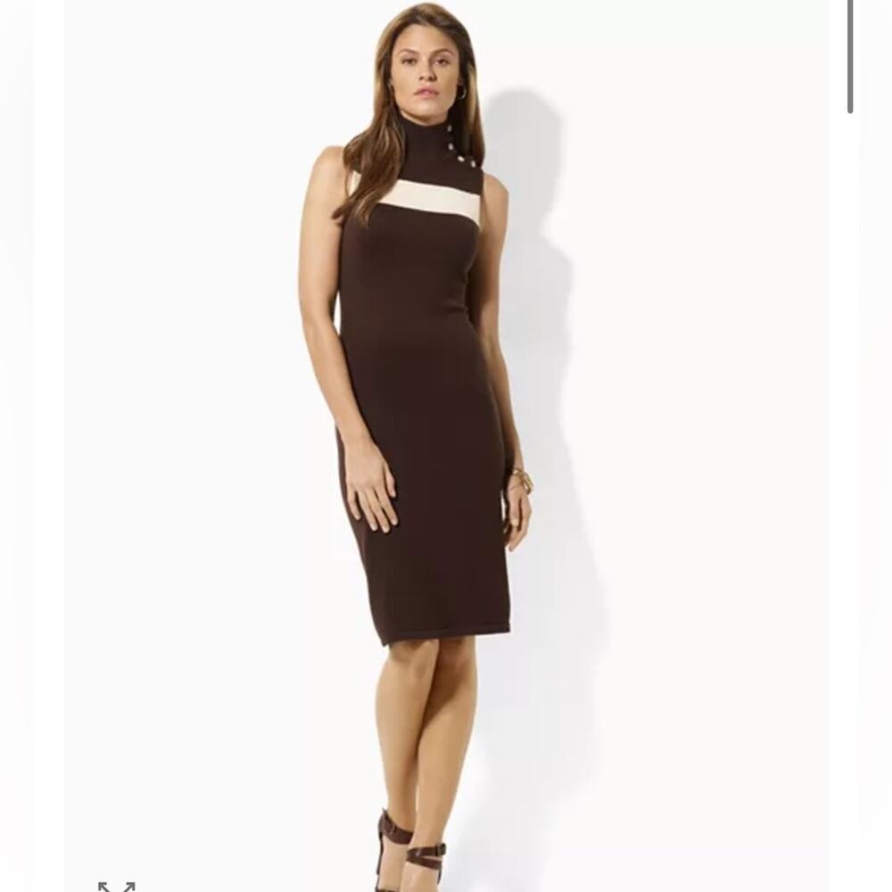 Lauren Ralph Lauren Brown Silk Knit Lavella Button Colorblock Sheath Dress